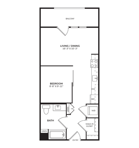 Floor plan for studio, 1 bath, 512 sqft